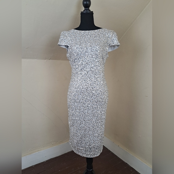 Badgley Mischka Dresses & Skirts - Badgley Mischka White Silver Gold Swank Sequin Sheath Open Back Dress Size 10